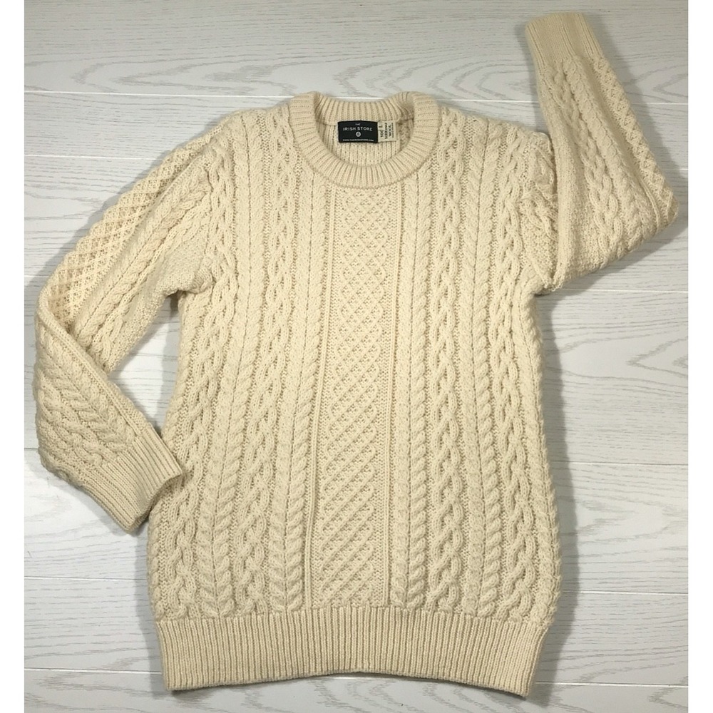 The Irish Store Merino Wool Sweater Men L Beige Cable Knit Crewneck Fishermans